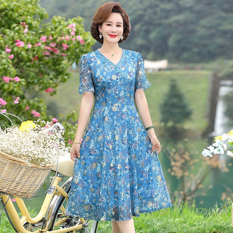 French Vintage Floral Midi Dress - Women Summer Casual Dress Ladies Middle-aged