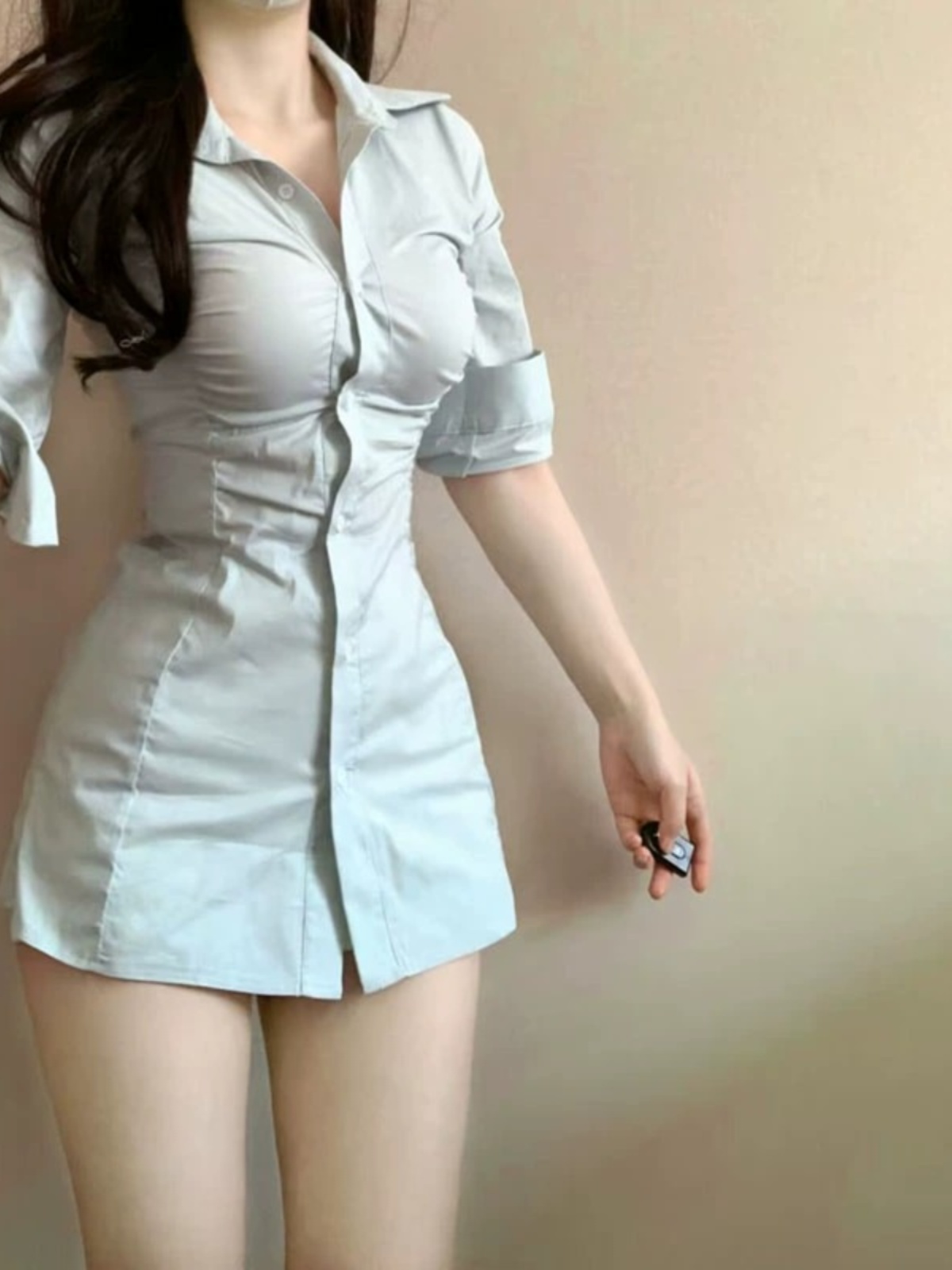 Korean Style A Line Shirt Dress - Sexy Pleated Waist-Cinching Shirt Dress Korean