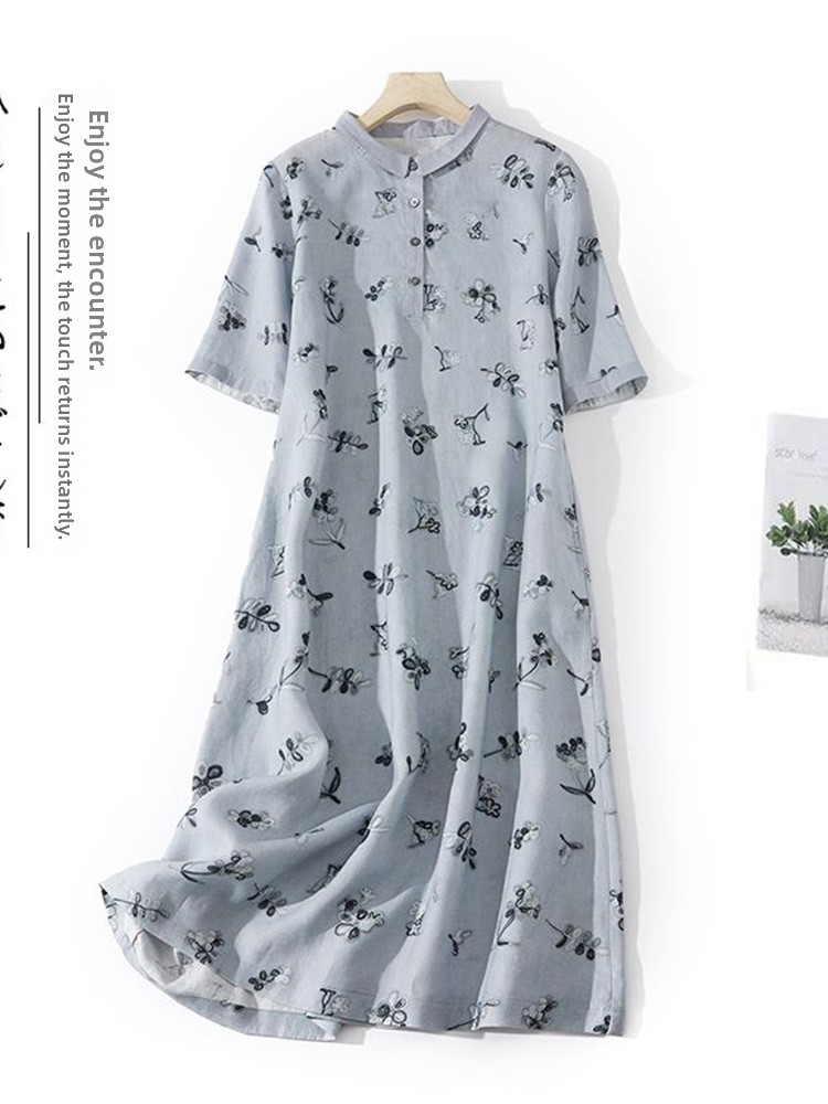 Casual Loose Linen Shirt Dress - Artistic Floral Print Loose Cotton Linen