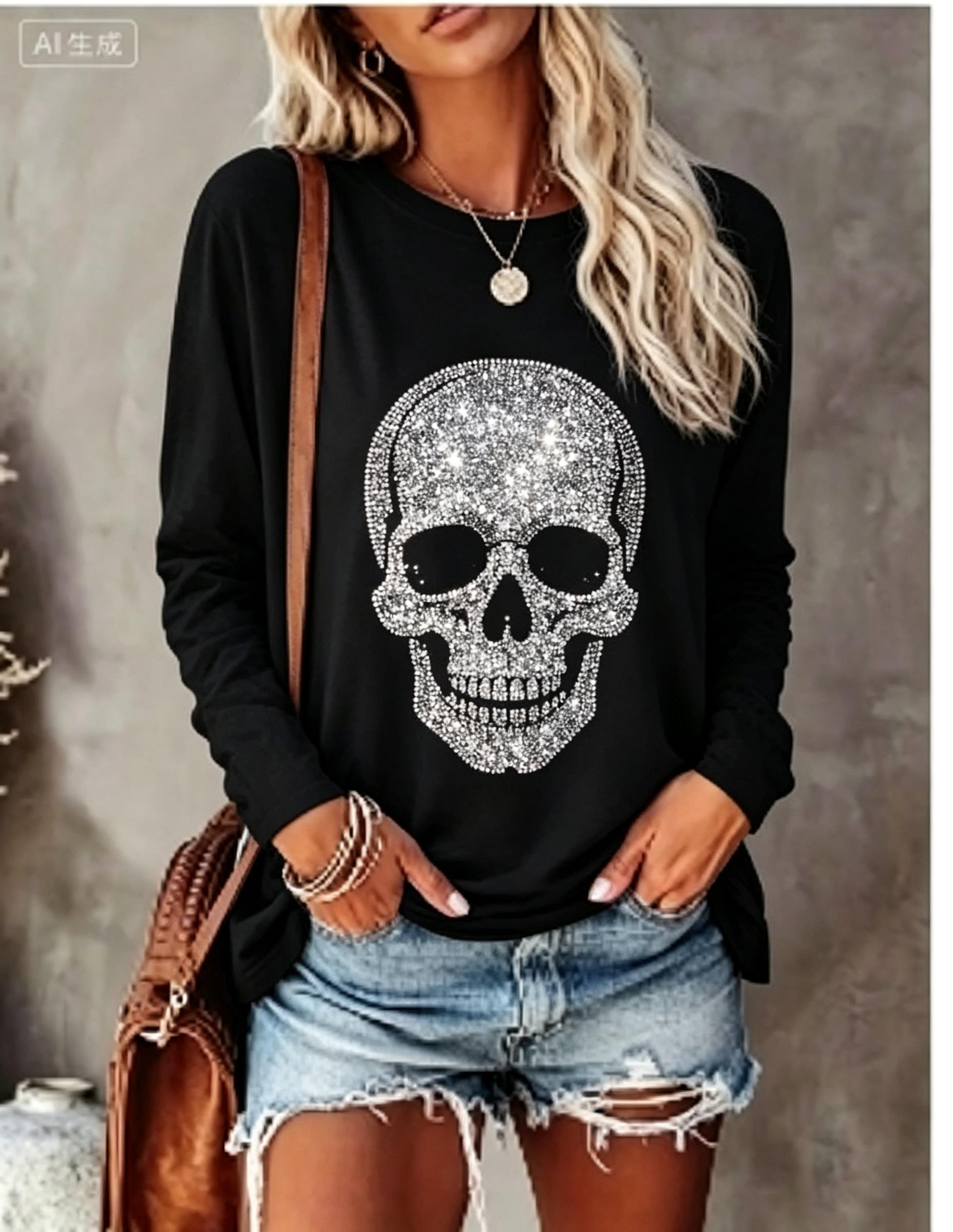 Blouses - Women Long Sleeve T‑Shirt Simulated Rhinestone