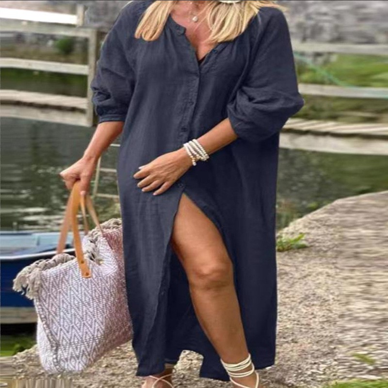 Fashion Elegant Spring Cotton  - Casual Loose Linen Shirt Dress ulasan dan harga