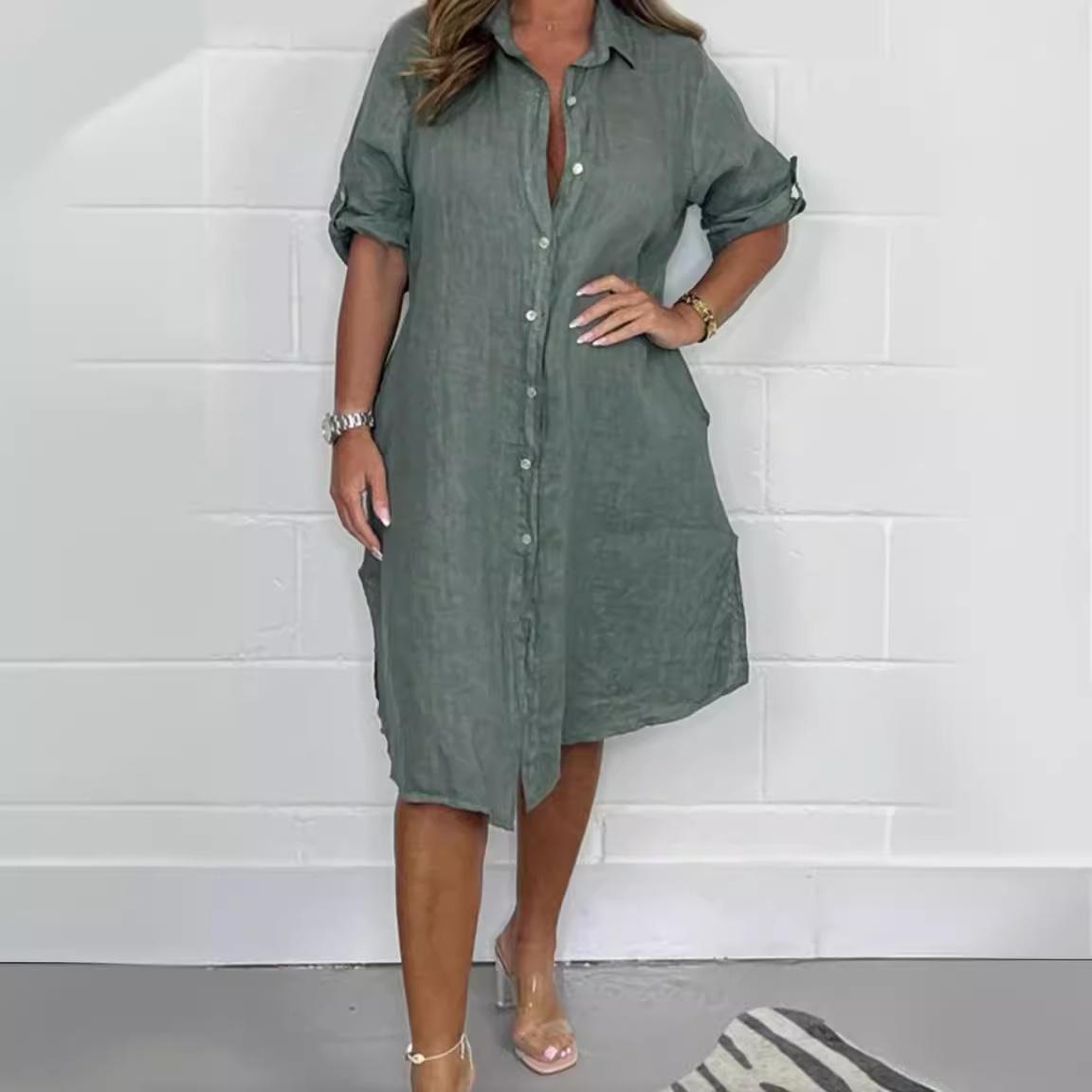Spring Summer Linen 3/4 Sleeve - Casual Loose Linen Shirt Dress ulasan dan harga