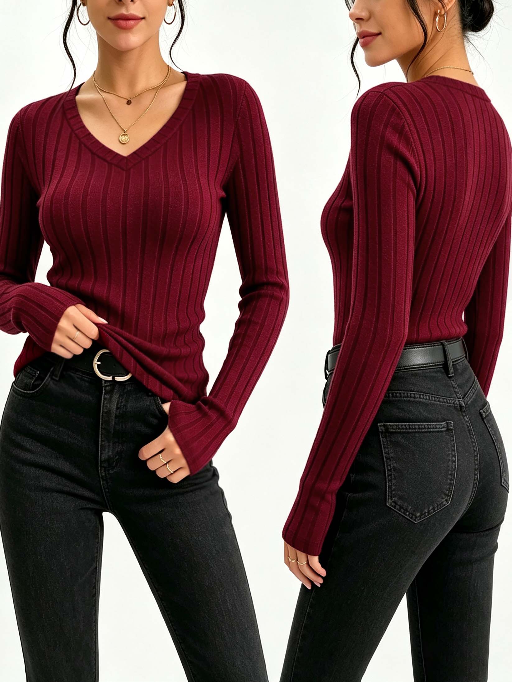 Women Solid V‑Neck Ribbed Knit - Blouses ulasan dan harga