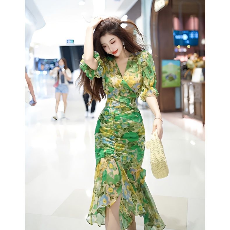 New Summer Fashion Style Waist - French Vintage Floral Midi Dress ulasan dan harga