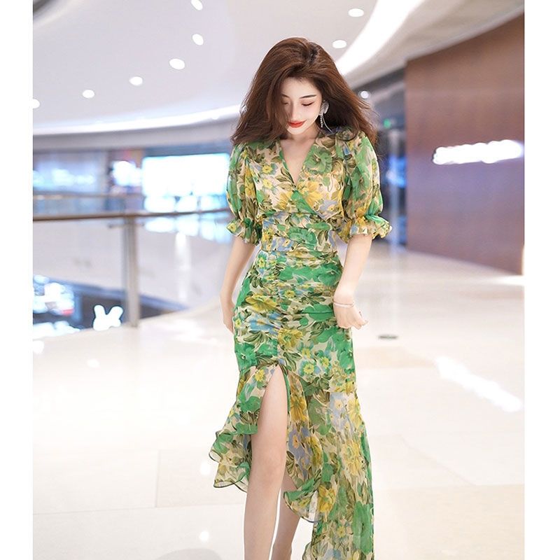 New Summer Fashion Style Waist - French Vintage Floral Midi Dress ulasan dan harga