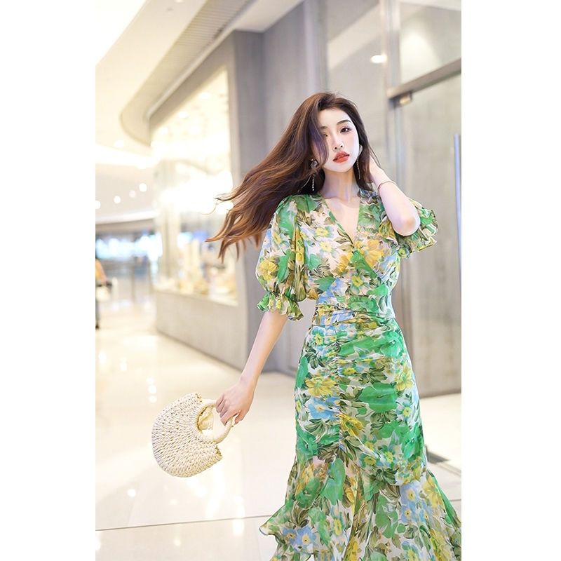 New Summer Fashion Style Waist - French Vintage Floral Midi Dress ulasan dan harga