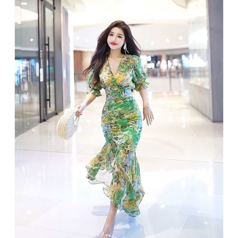 New Summer Fashion Style Waist - French Vintage Floral Midi Dress ulasan dan harga