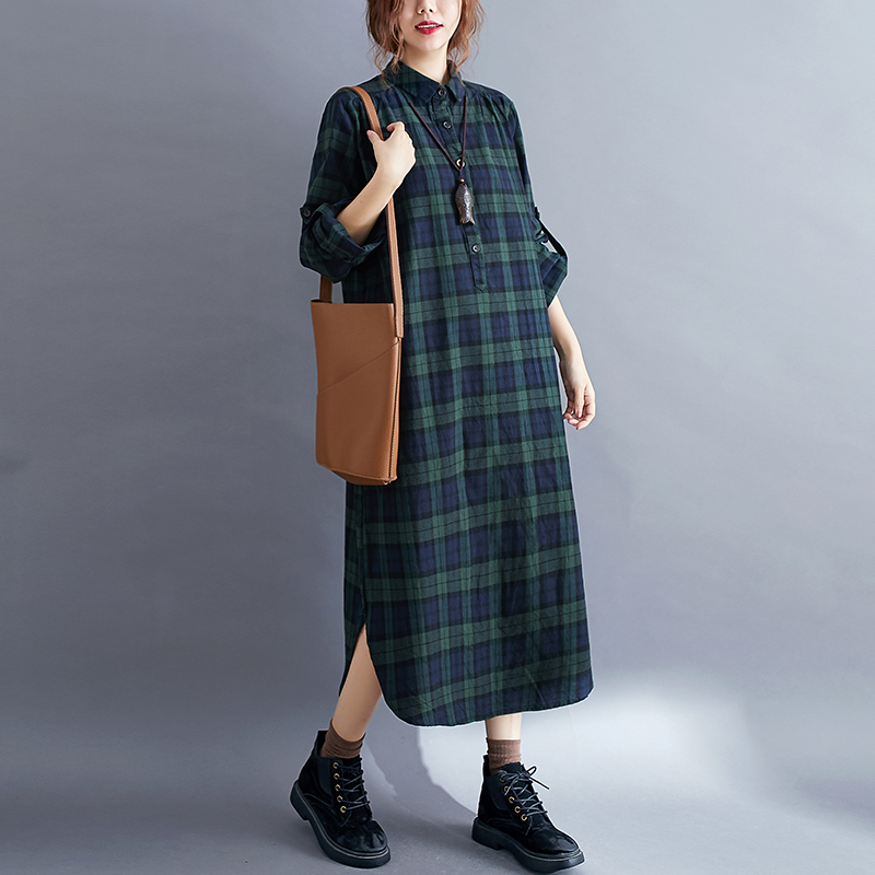 Casual Plaid Long Sleeve Shirt - Korean Style A Line Shirt Dress ulasan dan harga