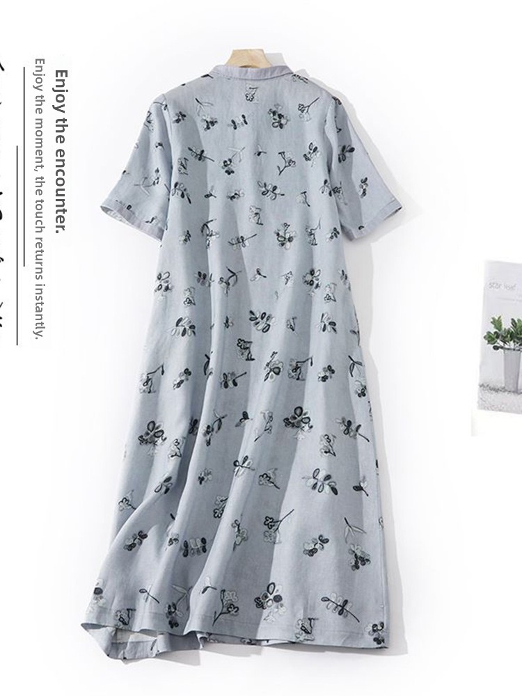 Artistic Floral Print Loose Co - Casual Loose Linen Shirt Dress ulasan dan harga