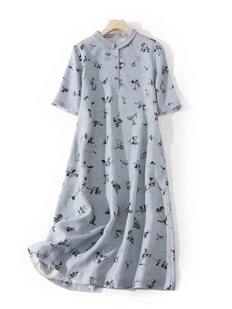 Artistic Floral Print Loose Co - Casual Loose Linen Shirt Dress ulasan dan harga