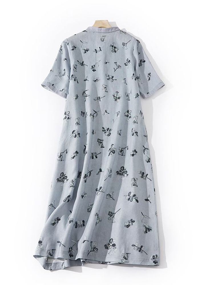 Artistic Floral Print Loose Co - Casual Loose Linen Shirt Dress ulasan dan harga