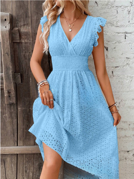 Summer Cotton Eyelet V-Neck Dr - French Vintage Floral Midi Dress ulasan dan harga