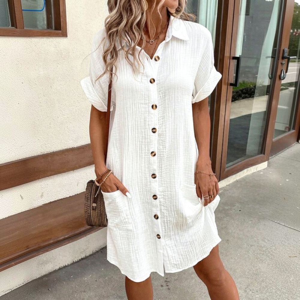 Women V Neck Shirt Dress Summe - Casual Loose Linen Shirt Dress ulasan dan harga