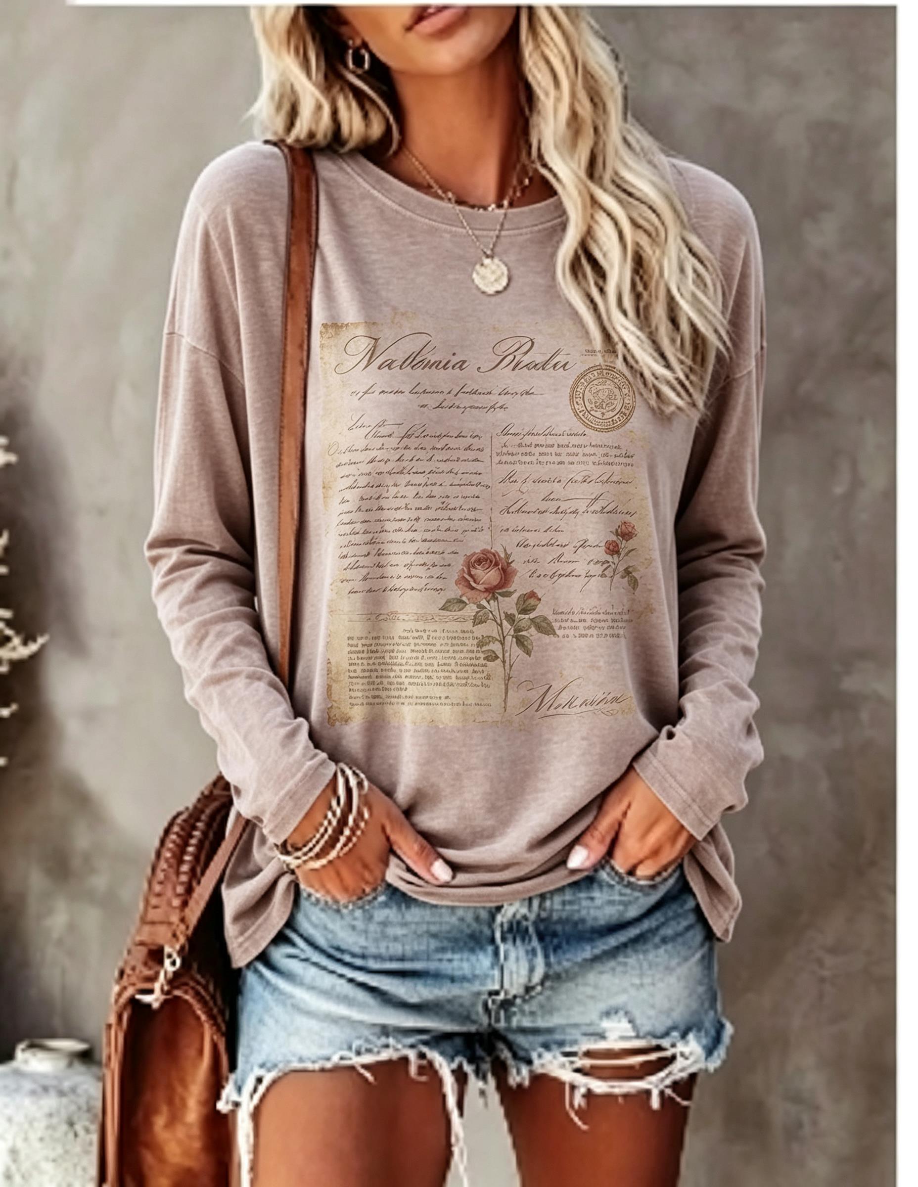 Women Long Sleeve T Shirt Vint - Blouses ulasan dan harga